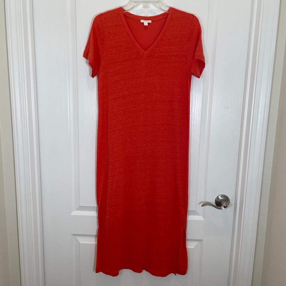 COS T-Shirt Dress‎ Linen Blend Vneck Orange Maxi with Slits Minimalist Basics S